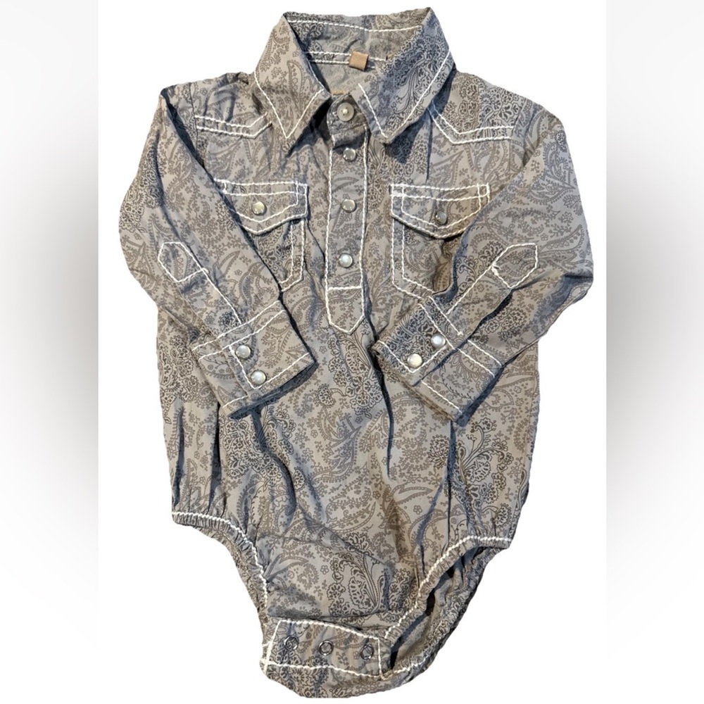 Boys Rafter C Cowboy Pearl Snap One-Piece Shirt Size 12 Mo Gray Paisley Western